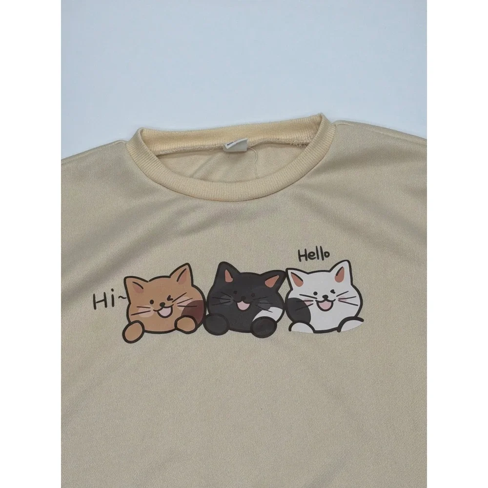 Kids Cream Cartoon Cat Graphic Sweatshirt Long Sleeve Pullover Crewneck 10Y‎
